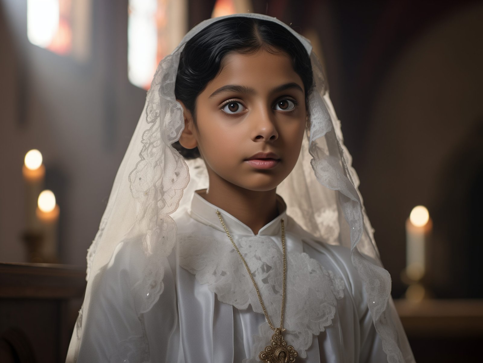 first communion, indian girl, catholic church, cinematic aesthetic --ar 4:3 --v 5.2 Job ID: 2e63fcd7-f58a-4527-8bb2-3424600451cb