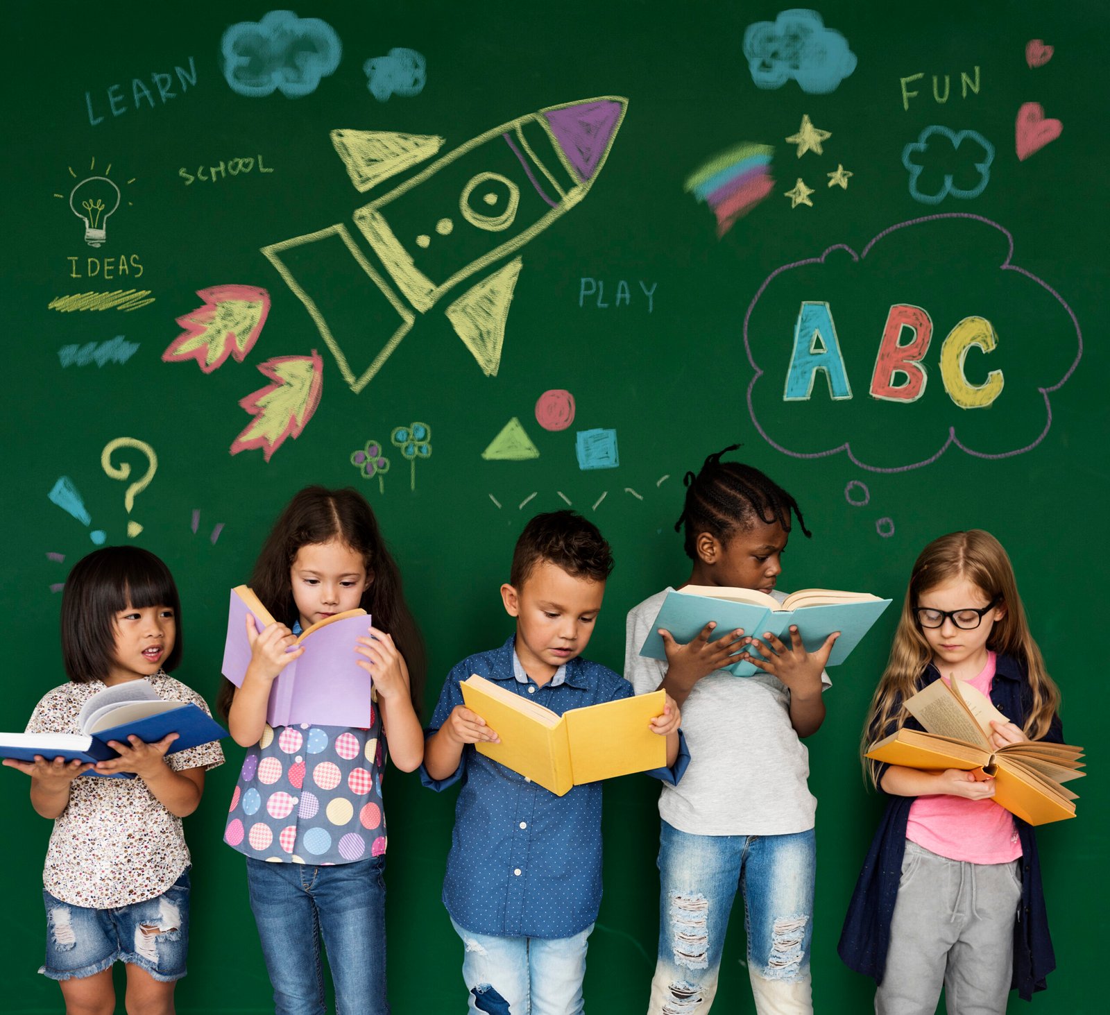Diverse kids reading books