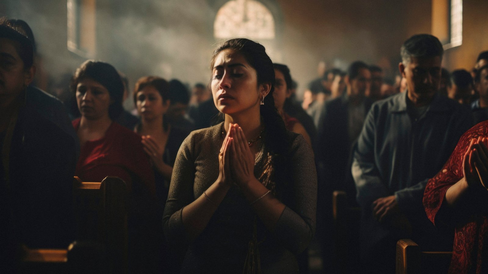 Immerse yourself in the reverent atmosphere of a Mexican Catholic mass. Capture the congregation in moments of prayer, communion, and reflection, illustrating the solemnity and depth of their religious devotion. This should be a realistic, cinematic photo, photography, with cinematic tones --ar 16:9 --v 5.2 Job ID: 54f5efe4-e2ce-4778-a944-7784f2b06aed