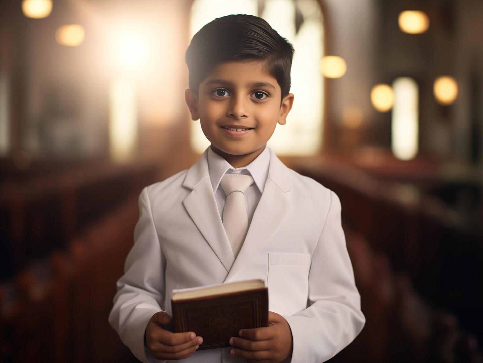 indian boy holding a bible, first holy communion, white colour scheme, church interior, blur kids background, cinematic aesthetic --ar 4:3 --v 5.2 Job ID: 7d0e17cc-a8ad-426e-91a0-f92037ff055f