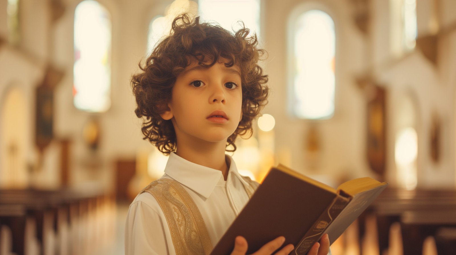 curly hair mexican boy holding a bible, first holy communion, white colour scheme, church interior, blur kids background, cinematic aesthetic --ar 16:9 --v 6 Job ID: a8713d79-43e6-4b7a-bf44-5f6a2df0b8ac