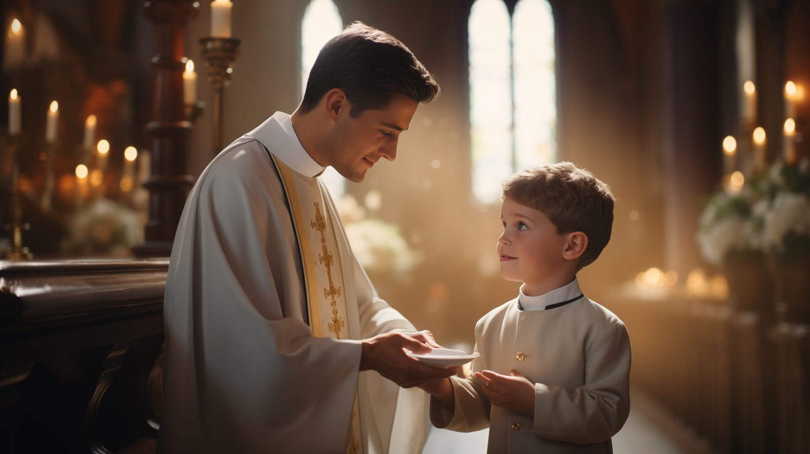 a caucasian boy receive communion from a priest, blur kids background, first holy communion, white colour, church interior background, cinematic aesthetic, realistic --ar 16:9 --stylize 250 --v 5.2 Job ID: 5b07279b-5d04-4115-986e-b4182a476d21